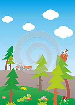 Landscape with field and tractor with trailer, trees and meadow, caterpillar and bird, humorous vector ilustration