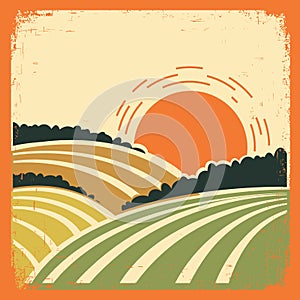 Landscape with fields on old poster