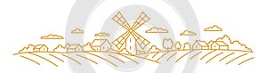 Landscape fields with a windmill. Vector line. Editable outline stroke.