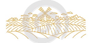 Landscape fields with a windmill. Village arable land. Vector line. Editable outline stroke.