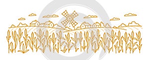 Landscape fields with a windmill. Wheat spikelets in the foreground. Vector contour line. Editable outline stroke.