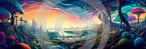 landscape filled with psychedelic colors, shapes, and patterns that alter perception and reality. Generative AI