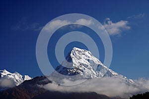 Landscape Fish tail of Mt. Machapuchare, Machhapuchchhre or Machhapuchhre is a mountain in the Annapurna Himalayas