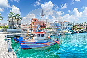 Landscape with fishing boats in port of Lixouri town, Kefalonia, Greece
