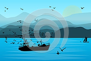Landscape with fishing ship, sunrise and hills. Silhouette of fishing barge, shore with mountains and morning sky with birds.