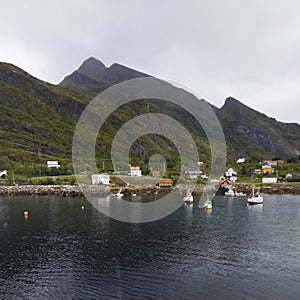 Landscape of the fishing village Moskenes at Lofoten Norway photo