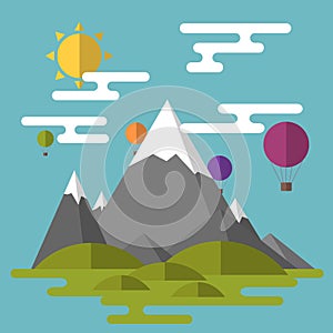 Landscape in flat style. High mountains, green hills, clouds, sun and balloons in the sky.