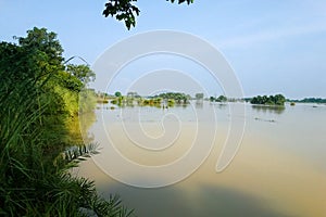 The landscape of flooded vast wetlands after heavy rain in West Bengal of India