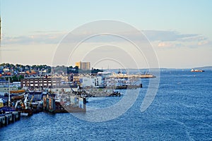 Landscape of Fore river and Portland downtown in Portland, Maine, USA