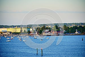 Landscape of Fore river and Portland downtown in Portland, Maine, USA