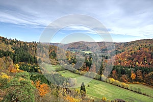 Landscape and forest with colours of autumn from above