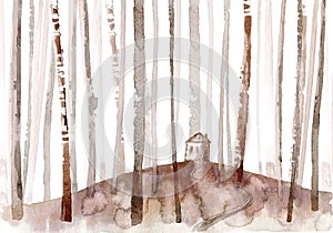 Landscape with forest and house.Watercolor hand drawn illustration