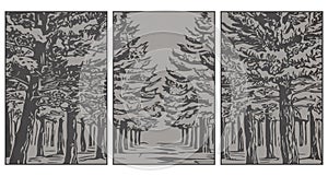 Landscape in the forest. Line art. Set of 3 minimalist illustration for printing on wall decorations