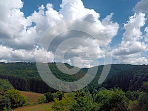 Landscape with forest in region Eifel Ardennes, border between Luxembourg and Germany