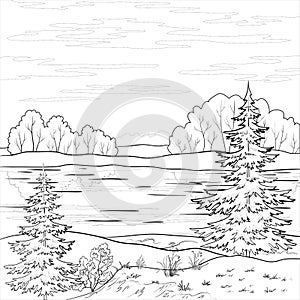 Landscape. Forest river, outline photo