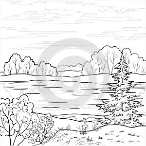 Landscape. Forest river, outline