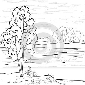 Landscape. Forest river, outline