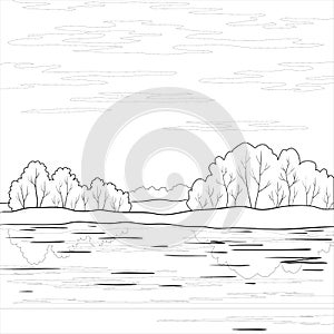 Landscape. Forest river, outline photo