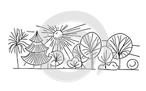 Landscape forest trees bushes sun glade coloring book for children sketch doodle separately on a white background