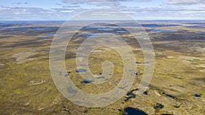 Landscape of the forest-tundra and the sandy river bank, bird`s eye view.Arctic Circle, tunda. Beautiful landscape of  tundra fro