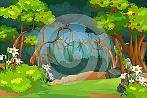 Landscape Forest View With Grass Field, Flower, Rocks, And Apple Trees Cartoon