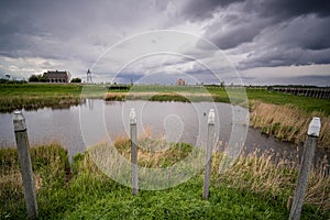 Landscape former Zuiderzee Island Schokland in the Dutch Noordoostpolder created by the drying of the IJsselmeer with Fog Horn