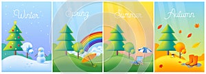 Landscape four seasons - winter, spring, summer, autumn with lawn, trees. Vector flat illustrations