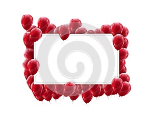 Landscape frame poster mock up with red balloons on a light background. Festive colourful design.