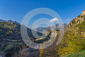 Landscape in the French southern alps in the middle of a large valley in autumn