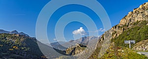 Landscape in the French southern alps in the middle of a large valley in autumn