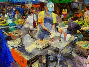 Landscape of the fresh market in the provinces of Thailand Illustrations creates an impressionist style of painting
