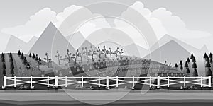 Landscape for game.Background for game. Black and white background.Seamless cartoon landscape