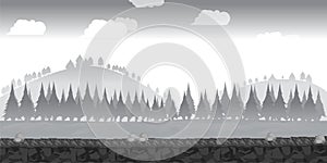 Landscape for game.Background for game. Black and white background.Seamless cartoon landscape