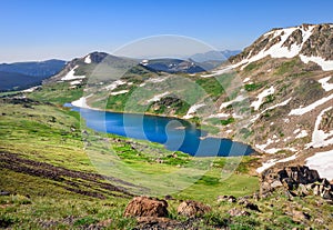 Landscape of Gardner Lake, Beartooth Pass. Peaks of Beartooth Mountains, Shoshone National Forest, Wyoming, USA.