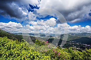 Landscape from Genoa hinterland under a blue sky with clouds, Italy