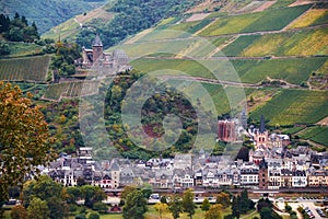 Landscape with german hills grape fields of Rheinland-Pfalz land with river Raine and Bacharach town castles from