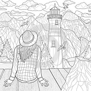 Landscape. Girls sitting on the bridge and looking at the lighthouse.Coloring book antistress for children and adults.