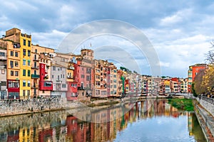 Landscape of Girona with Gomez or Princess Bridge over the river Onyar, Spain