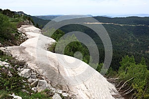 Landscape of glacier on rock of Lago-Naki plateau in summer