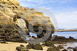 Landscape gold grottos coast of Lagos in the Algarve and the Atlantic Ocean