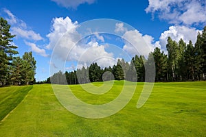 Landscape, golf course,, green grass on the background of a forest and a bright sky with clouds