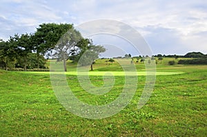 Landscape of a golf course, green, trees and hills