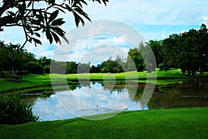 Landscape of a golf field with green grass, water hazard, and trees under cloudy blue sky