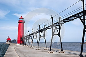 Landscape of the Grand Haven Lighthouse, pier, and catwalk, Lake Michigan, Michigan, USA