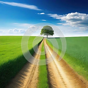 The landscape of grass fields and blue sky road leading off into the