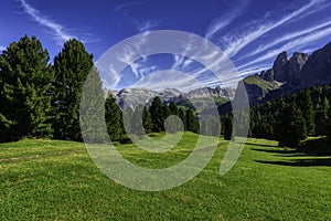 Landscape of grass and mountains of Gardena Valley