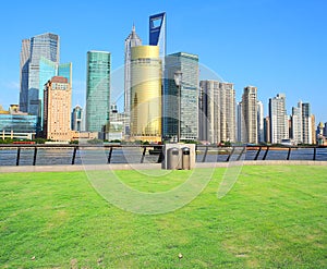 Landscape grass prospects the Shanghai Lujiazui city buildings o