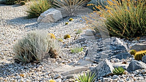 A landscape of gravel and rocks adorned with small desert shrubs and droughtresistant grasses photo