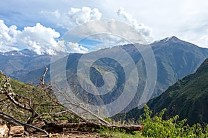 Landscape with green deep valley, Apurimac River canyon, Peruvian Andes mountains on Choquequirao trek in Peru