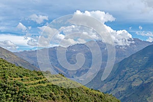 Landscape with green deep valley, Apurimac River canyon, Peruvian Andes mountains on Choquequirao trek in Peru